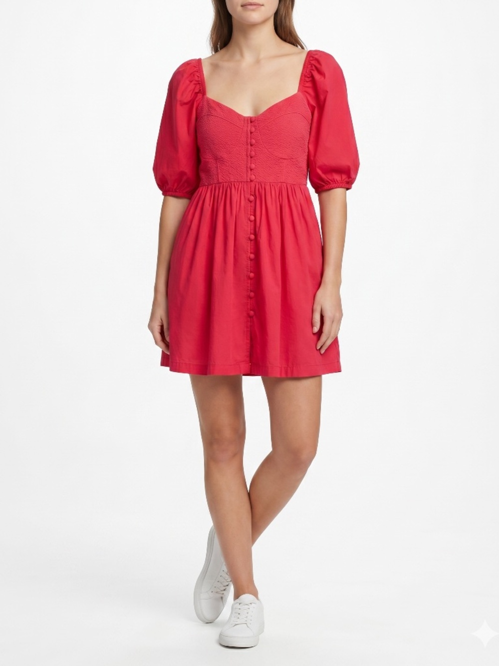 Maeve by Anthropologie Red Puff Sleeve Smocked Romper Button Front Women Size M
